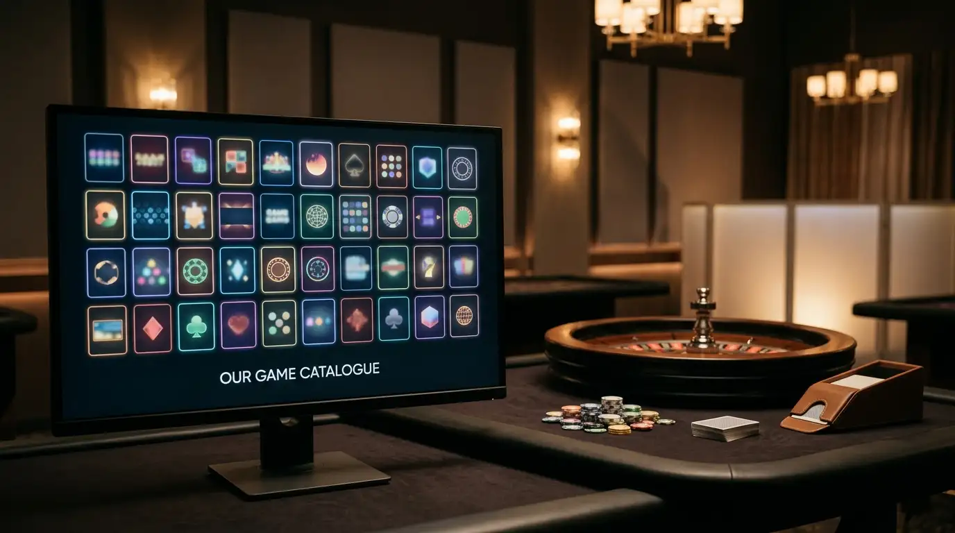 Rows of abstract casino game tiles beside a softly lit live table
